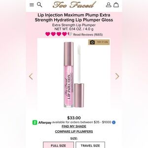 Too Faced Original Maximum Plump Lip Injection Gloss - Shimmering Pink FULL SIZE
